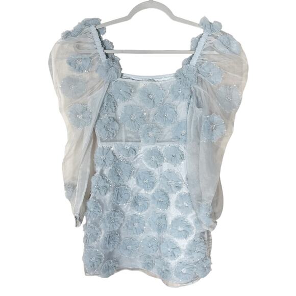 LoveShackFancy Wells Puff Sleeve Mini Dress Organza Glacier Blue Size 2 NEW - Picture 4 of 9